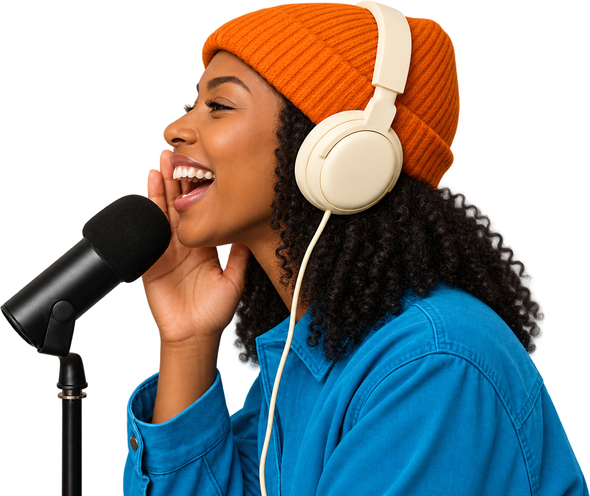 Creator in an orange beanie and headphones laughing into a podcast mic